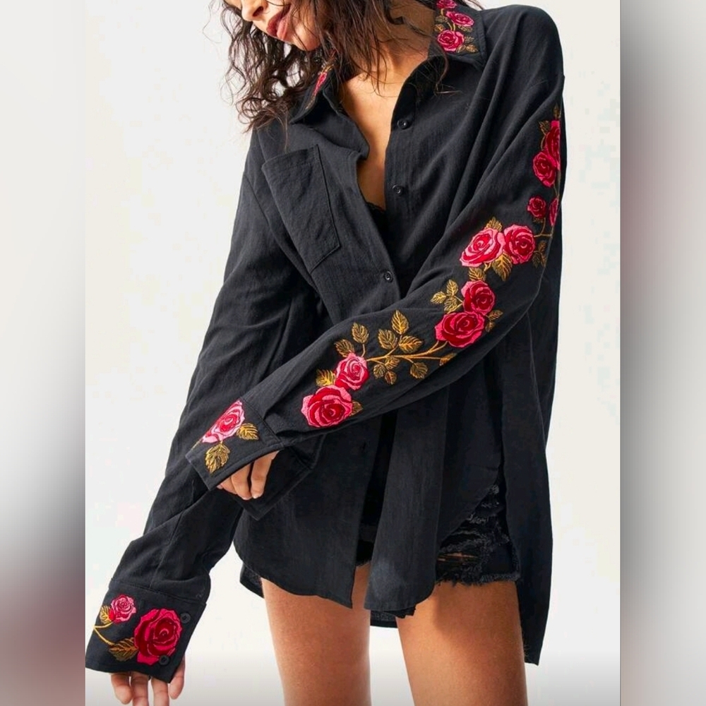 New Boho Embroidered Rose Floral Button Down Shirt Black Red Pink Green